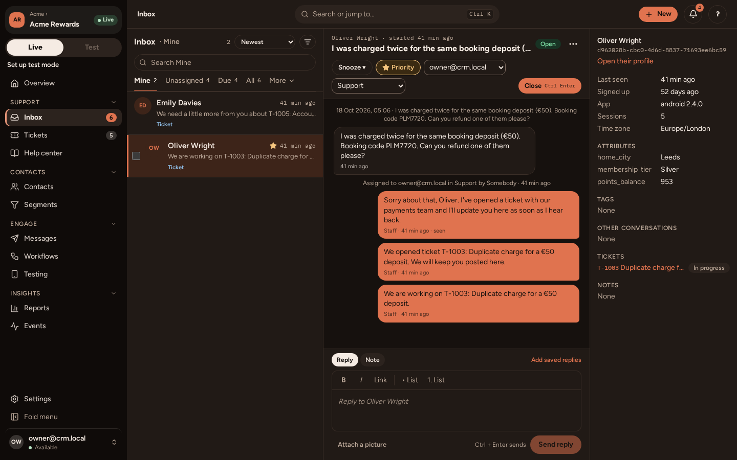 A conversation, with the contact's details beside it