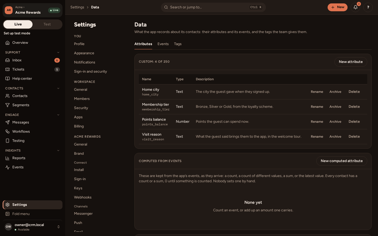 Data: attributes, events and tags
