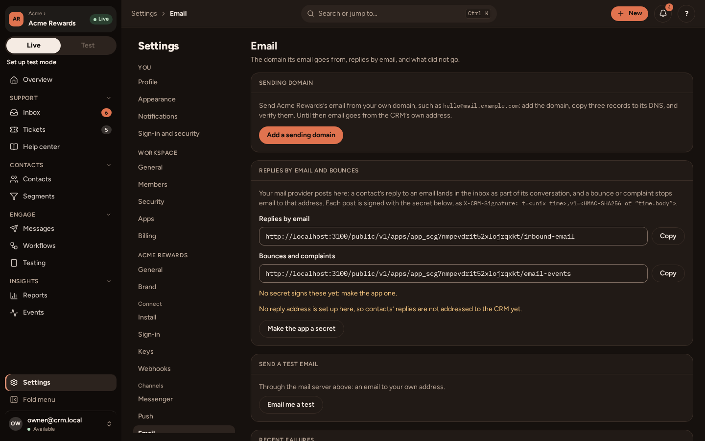 The Email settings