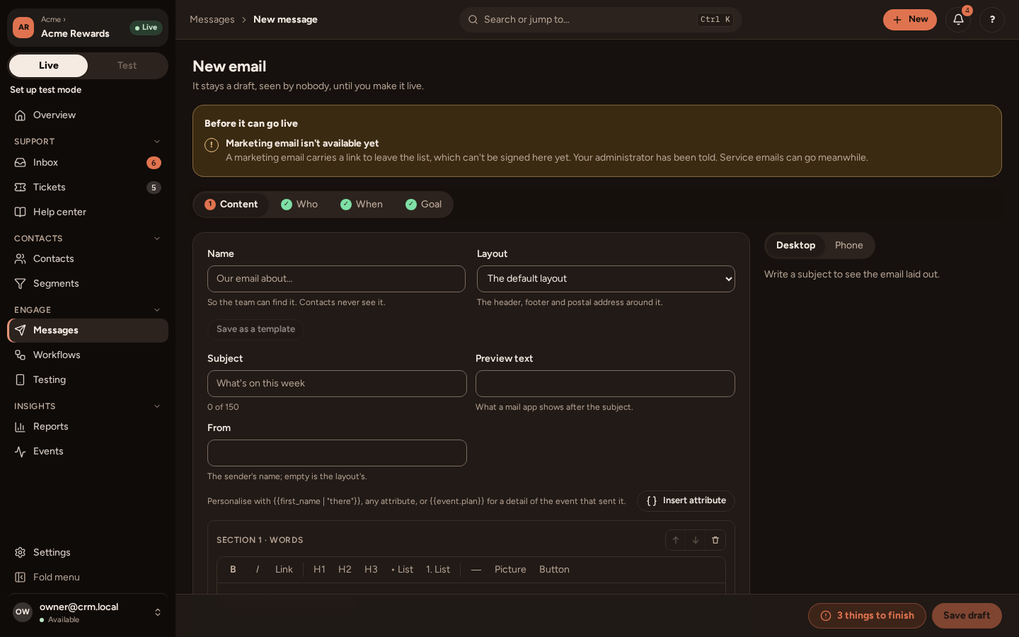 A new email in the editor