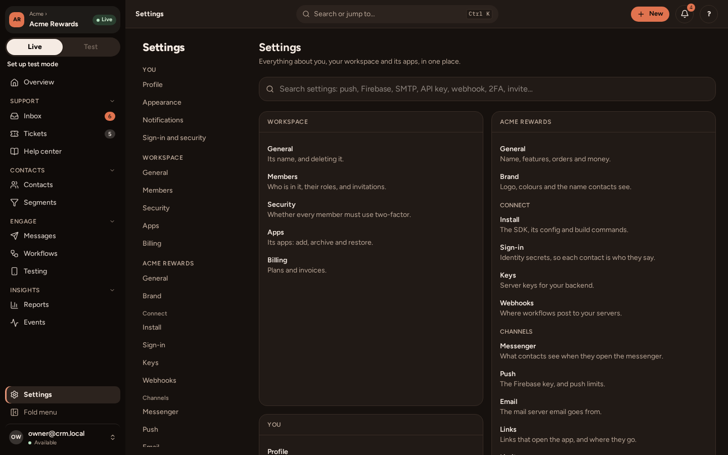 Settings, with the app's pages grouped