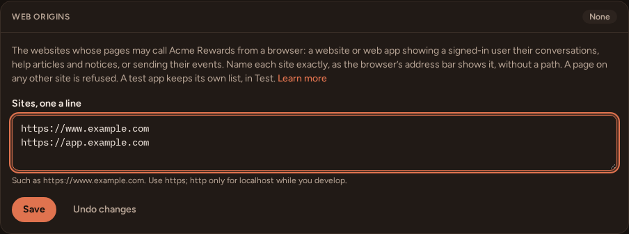The Web origins card on the Install tab