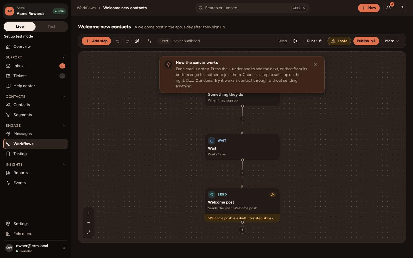 The welcome workflow on its canvas